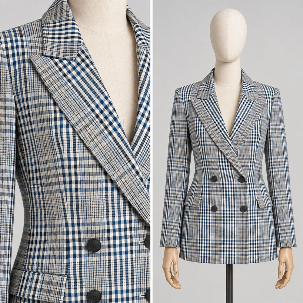 Vintage Blue Cream Plaid Double Breasted Blazer Size Medium